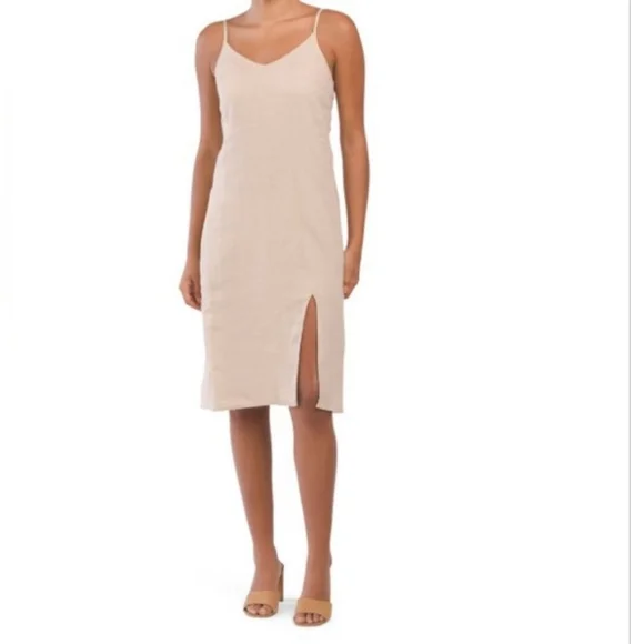 RACHEL ZOE Oxford Tan Linen Strappy Side Slit Midi Dress - Picture 1 of 12